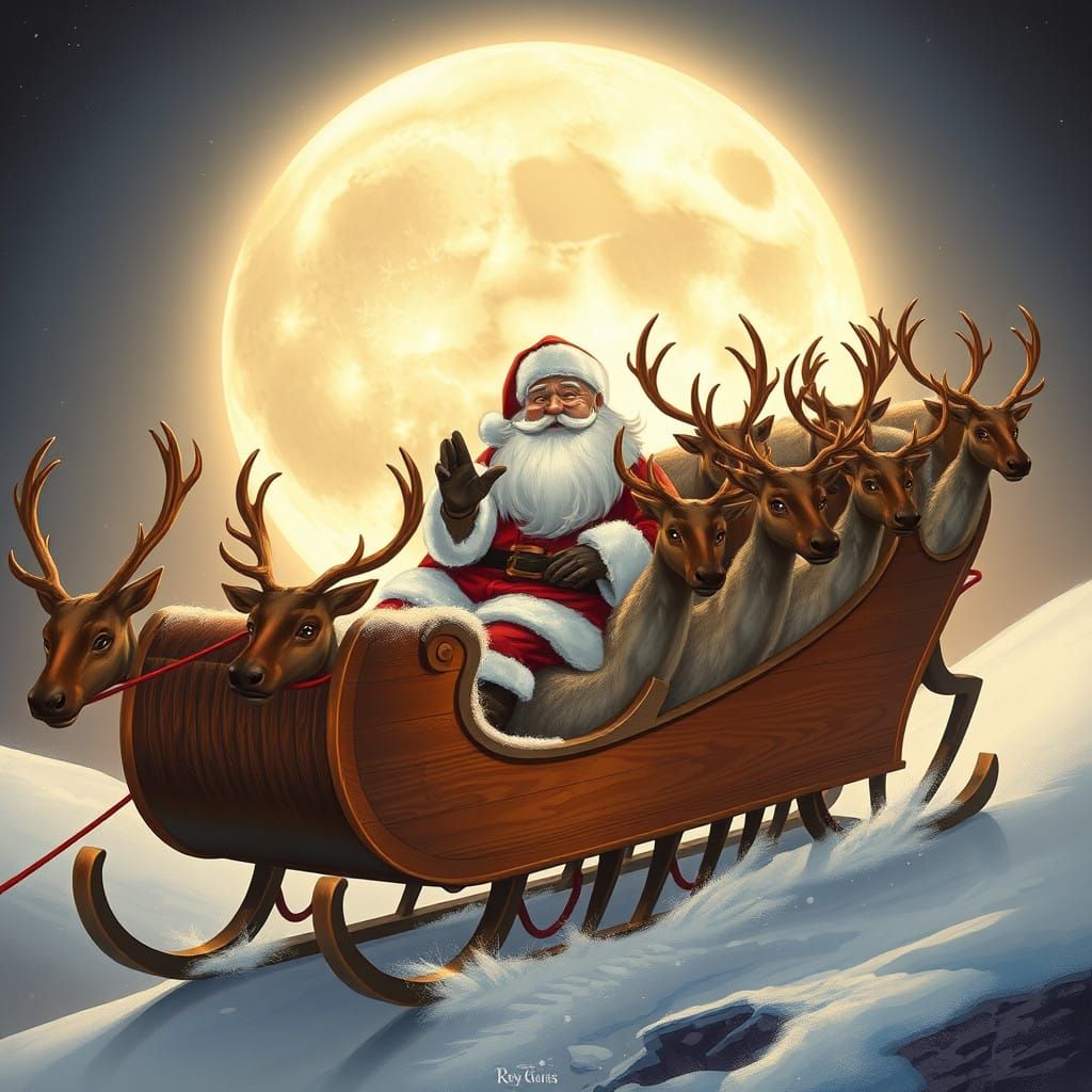 Traditional Santa Claus in Whimsical Space Scene with Reinde...
