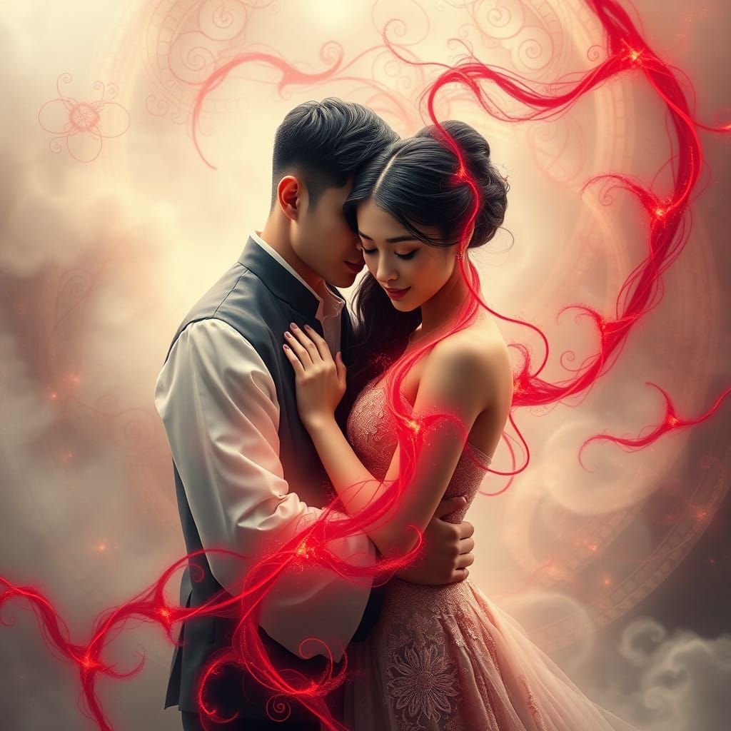 Love Entwined in Crimson Fate: Ethereal Fantasy Art