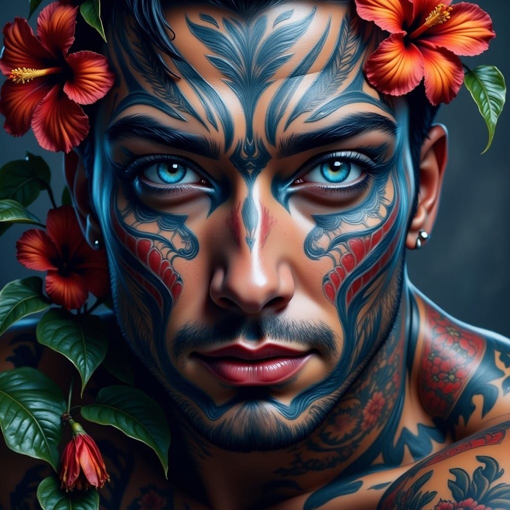 Maori Man with Hawaiian Flowers, Expressive Portrait