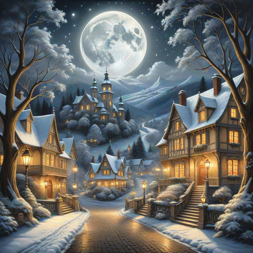 Lavish Baroque Village Scene Under Starry Night Sky