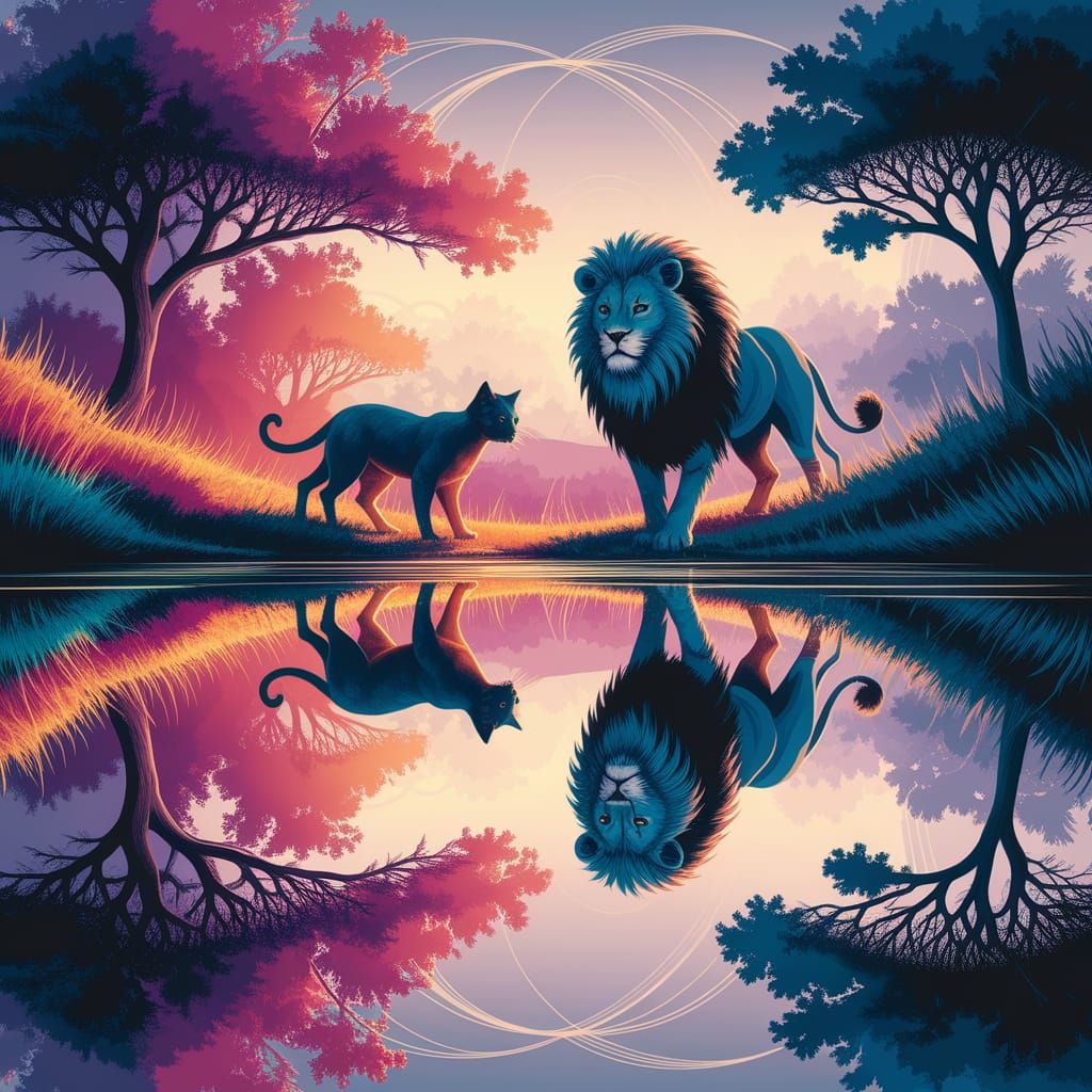 Lion and Cat Reflection in Magical D&D Watercolor Landscape