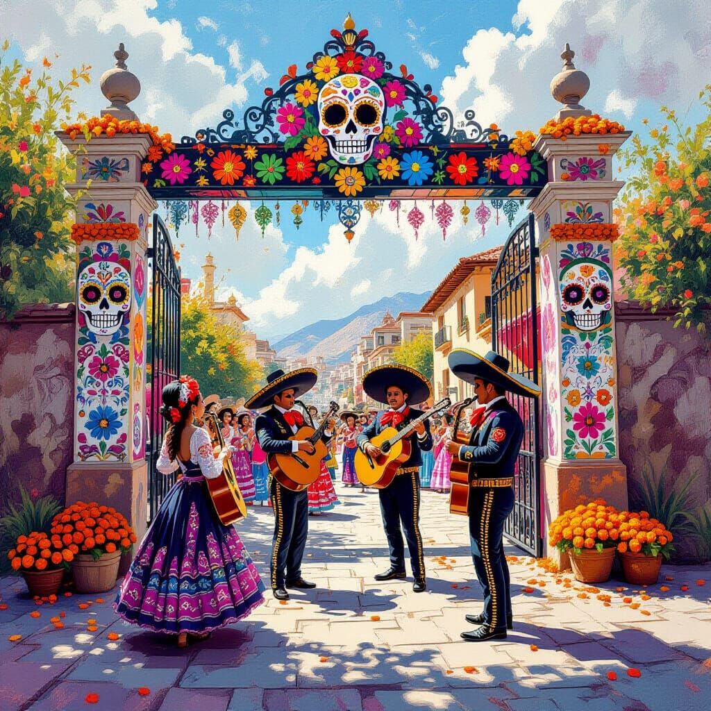 Vibrant Land of the Dead Festival in Gouache Style