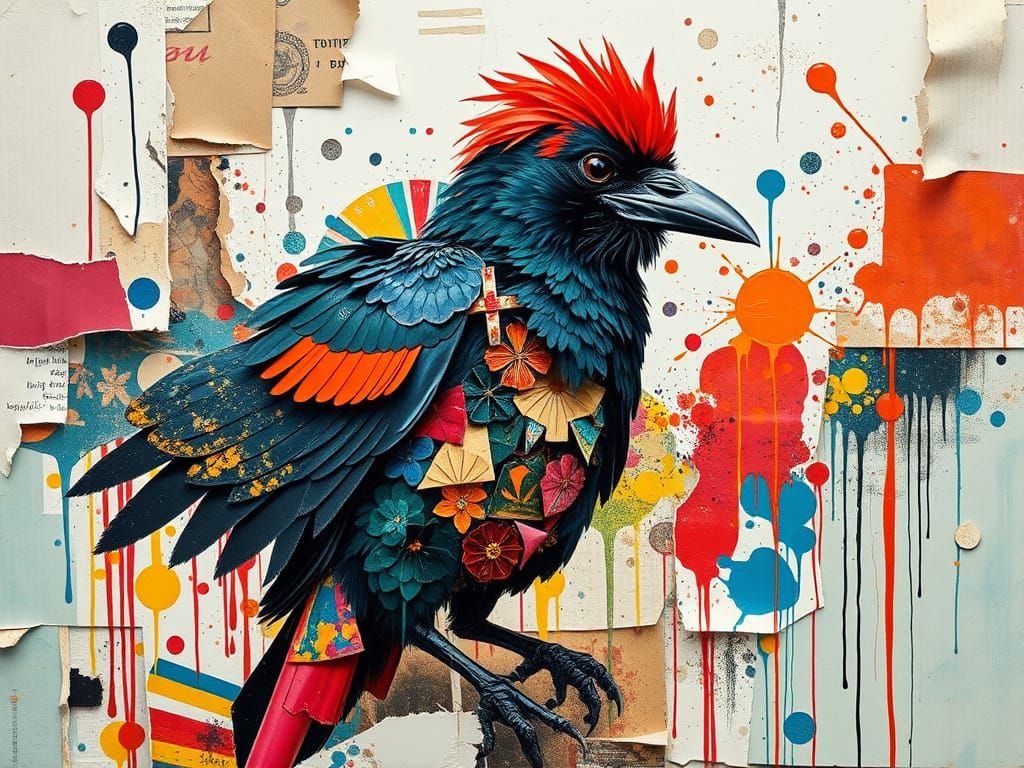 Vibrant Crow in Mixed Media Collage