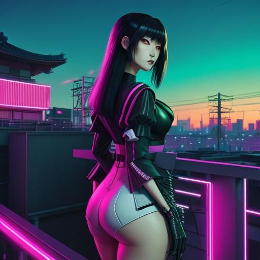 Japanese Gothic Girl in Synthwave Rooftop Garden