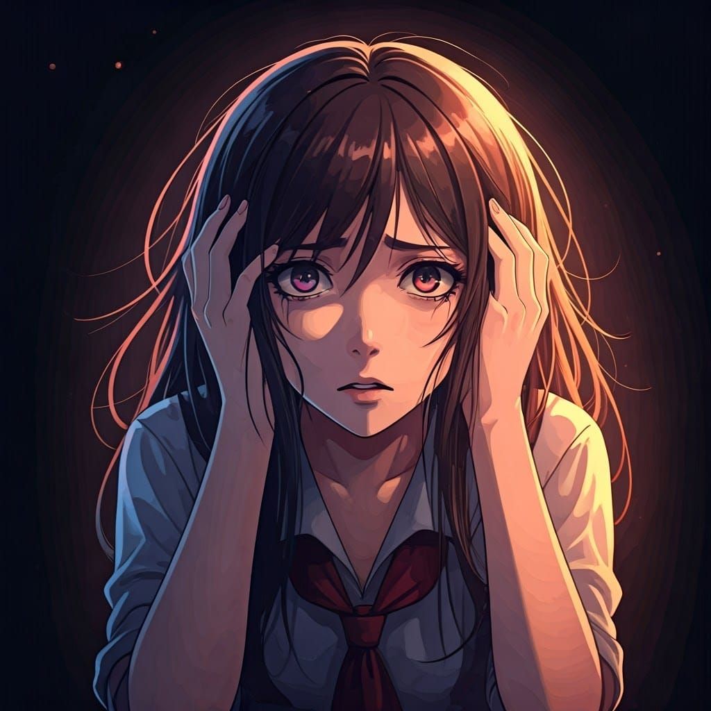 Anime Girl in Despair, Reminiscent of Makoto Shinkai and Tak...
