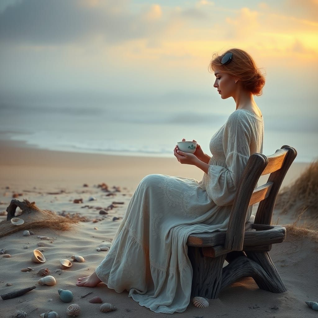 Romantic Morning Scene on a Driftwood Beach