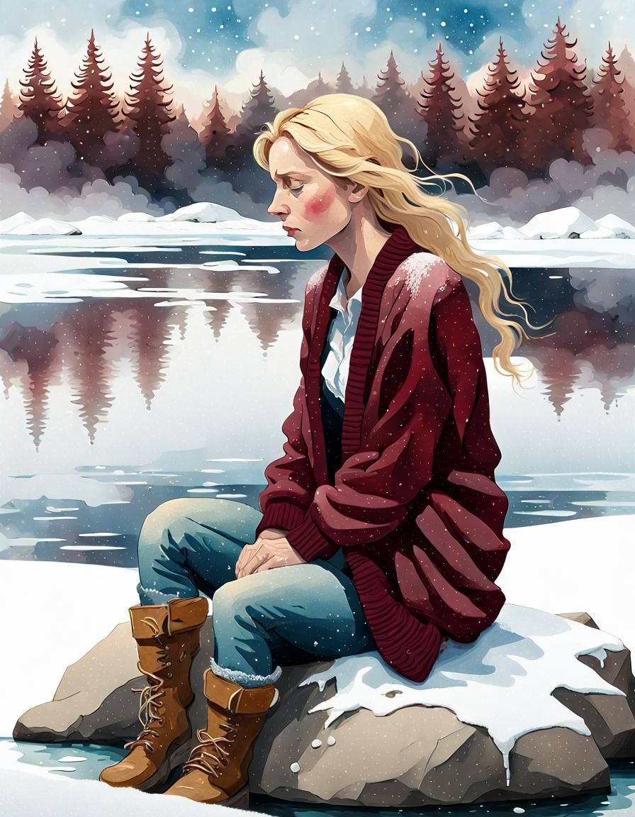 Sad Girl in Snowy Landscape, Watercolor Style