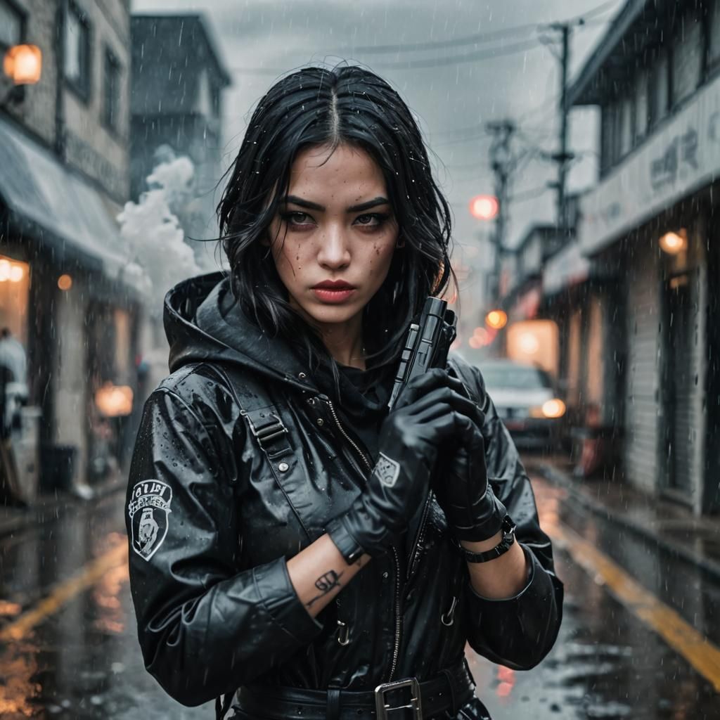 Noir Woman with Gun in Rainy Cityscape