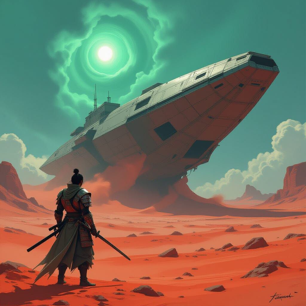 Samurai Warrior on Alien Planet with Derelict Spaceship