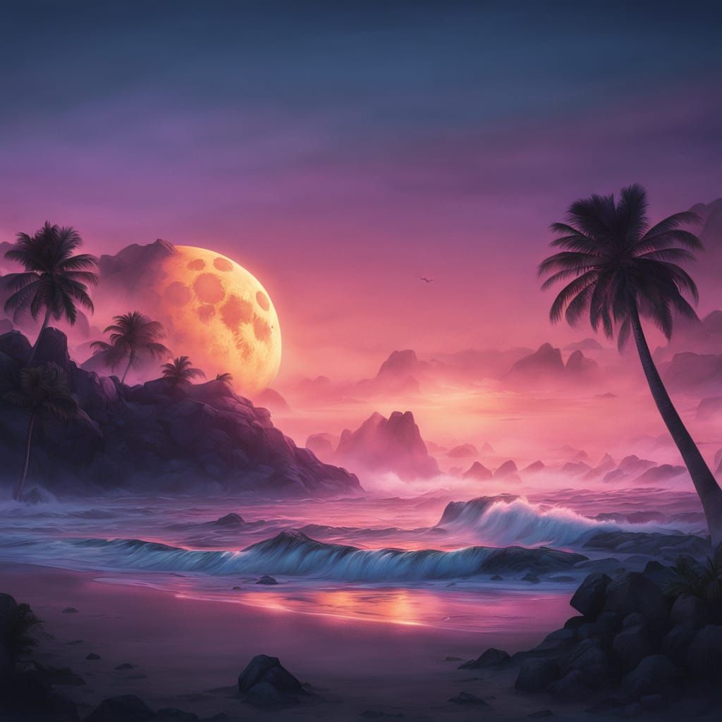 Hyper-Realistic Island Scene at Night with a Fiery T-Rex