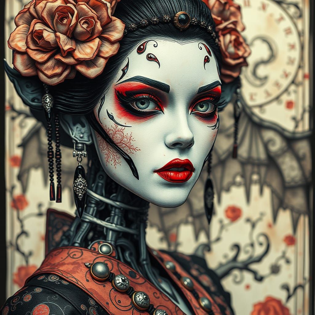 Gothic Cyborg Geisha Portrait in Burtonesque Style