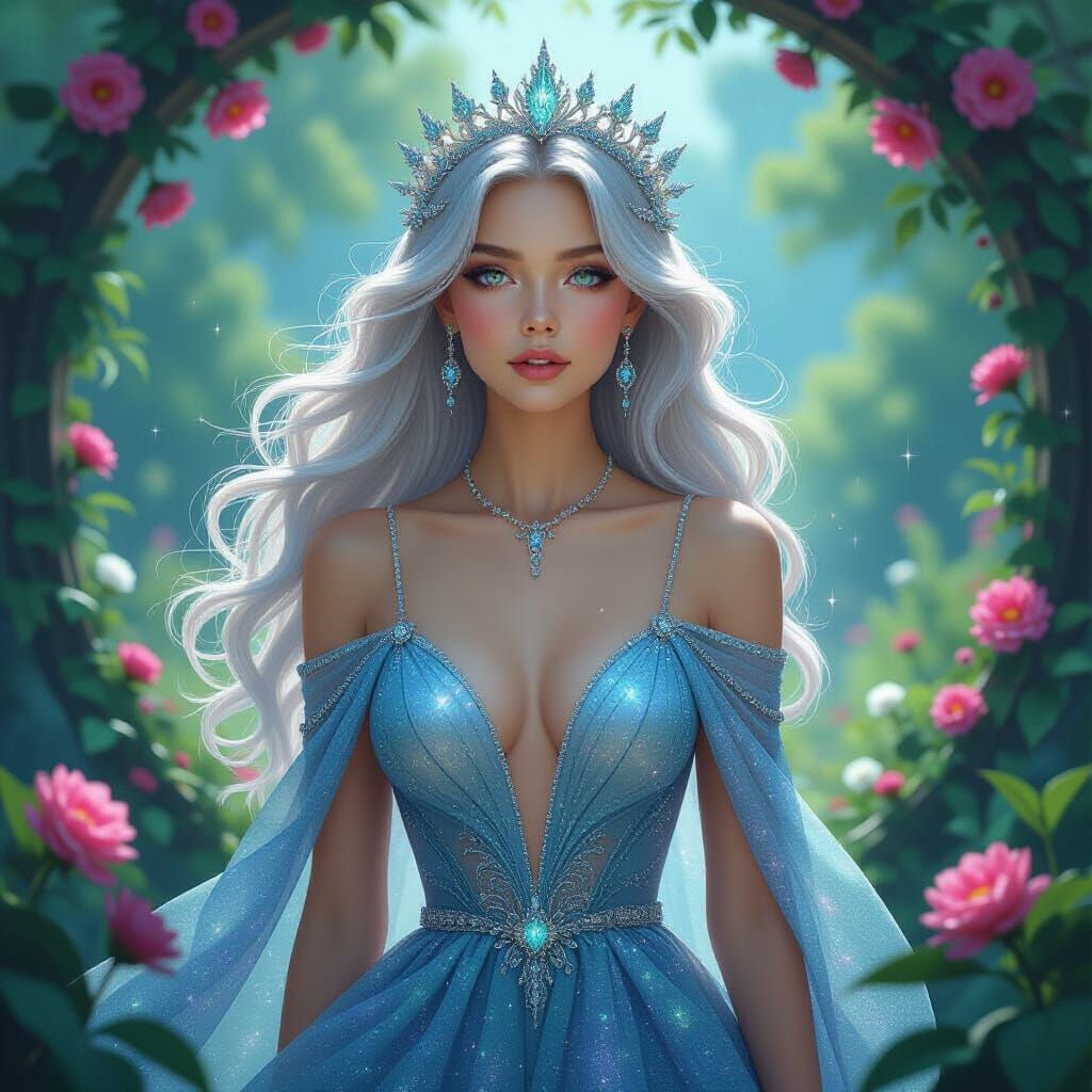 Celestial Goddess in Bioluminescent Garden, Art Nouveau Styl...