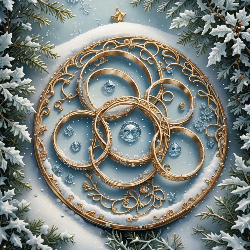 Whimsical Engraving: Golden Rings in Frosty Winter Wonderlan...