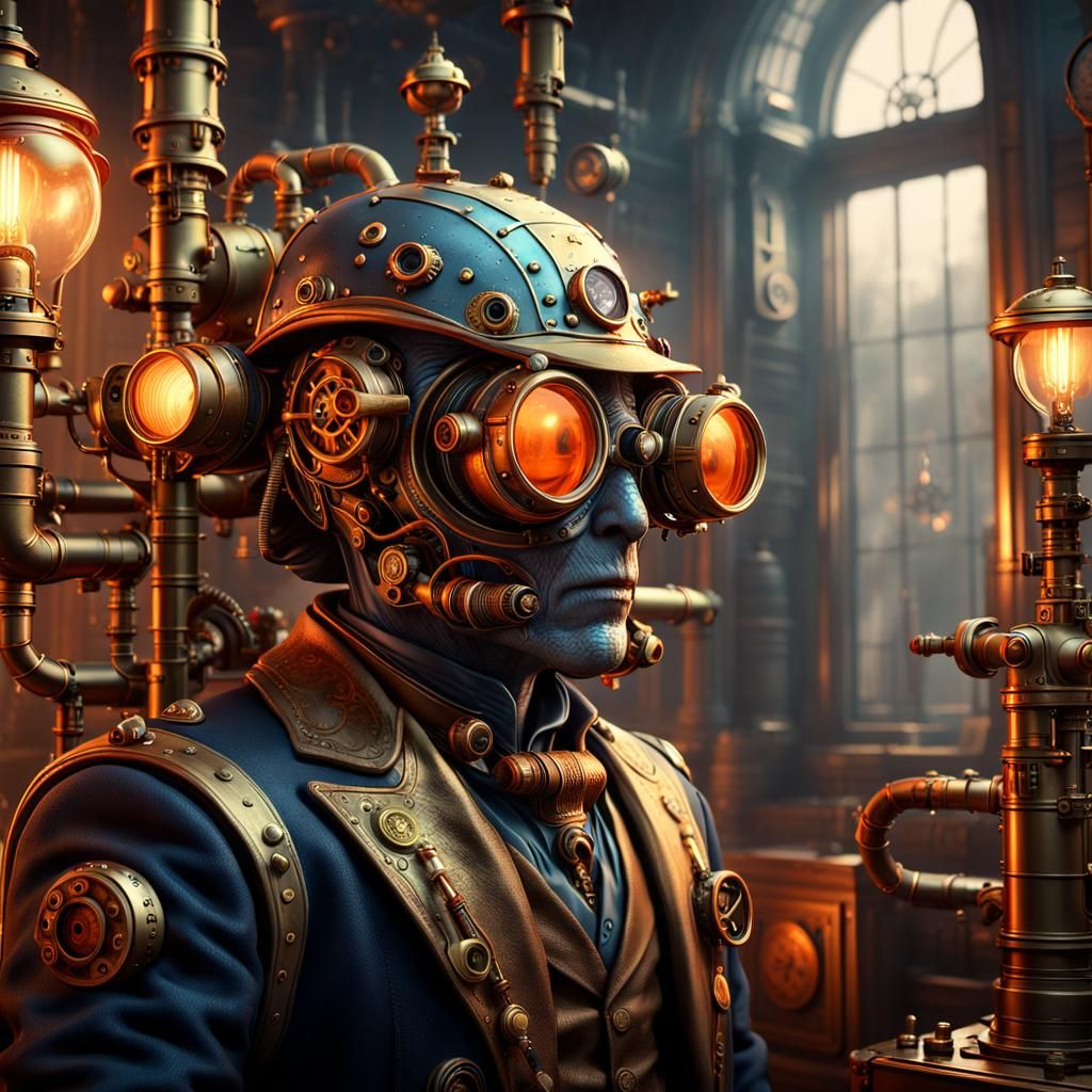 Steampunk Alien Flies Through Victorian Valve Room
