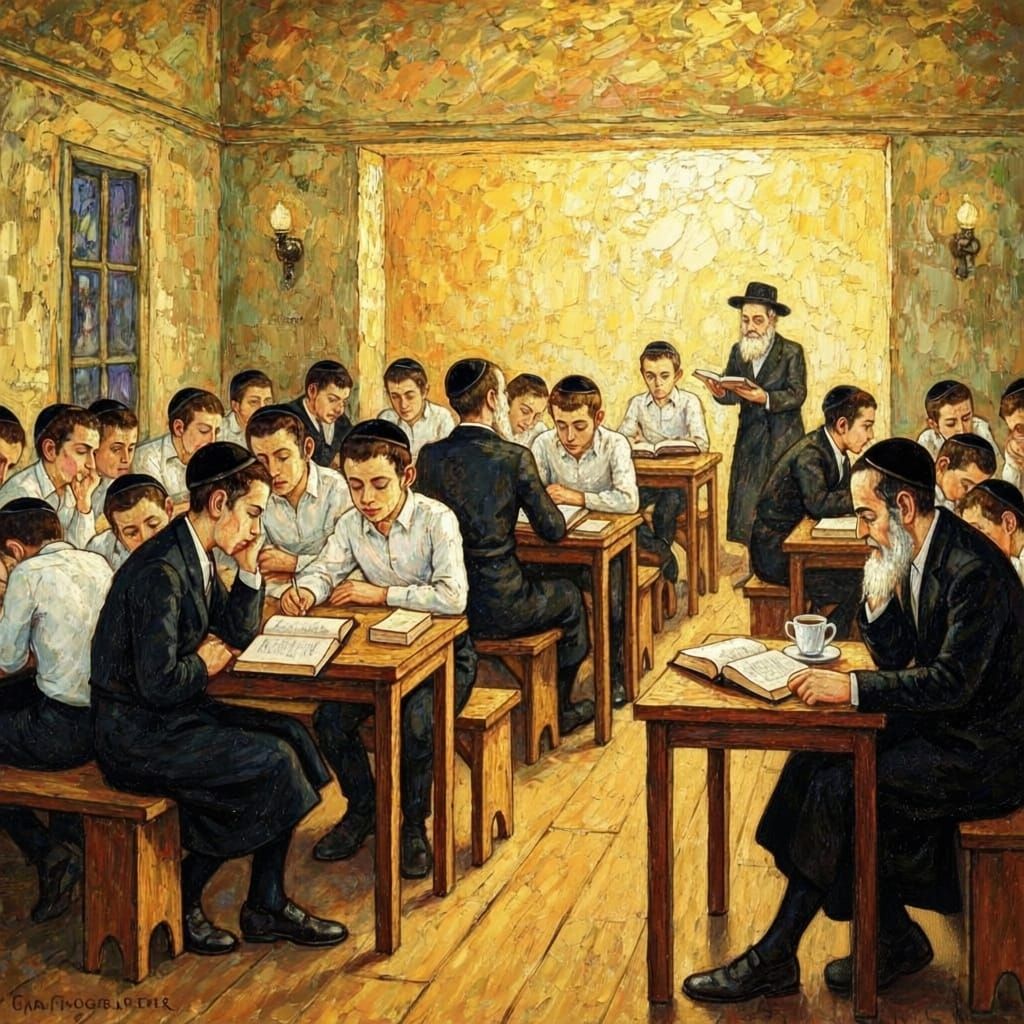 Vibrant Yeshiva Learning Scene as Impasto Painting