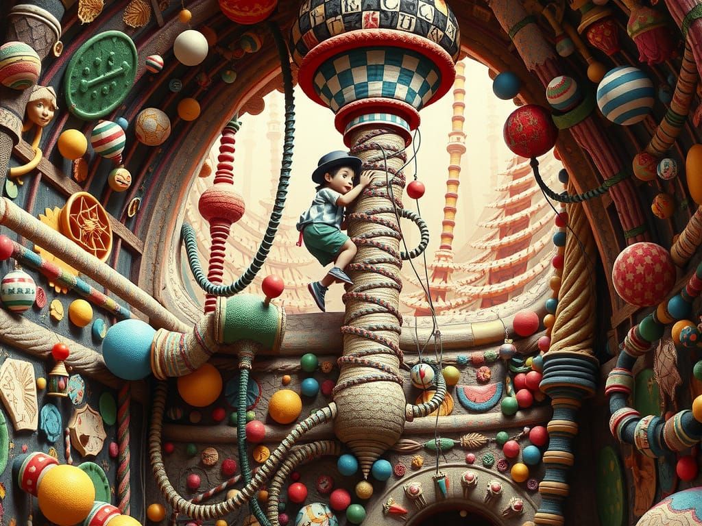 Whimsical Character's Ascent: Surreal Photorealistic Collage