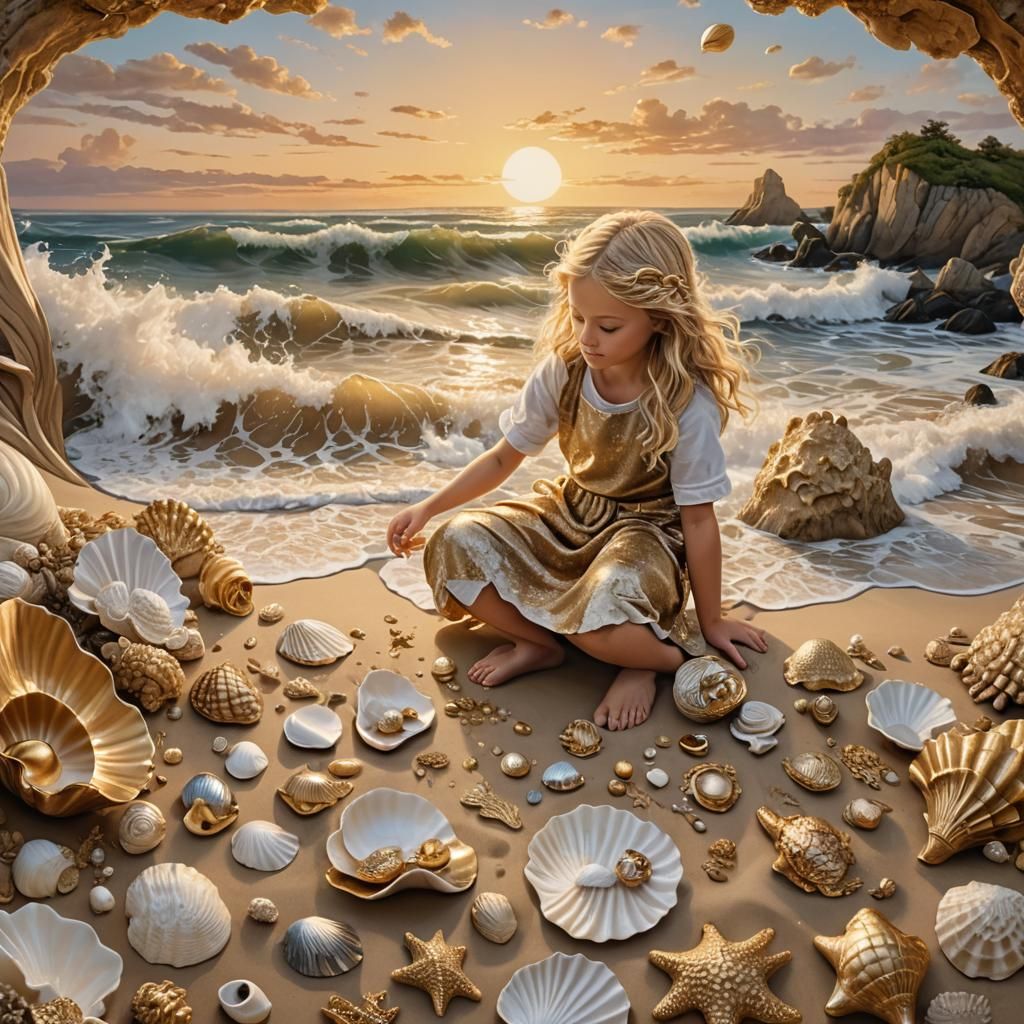 A blonde girl age 8 finds a a gold shell in the waves in an imaginative sunrise beach...