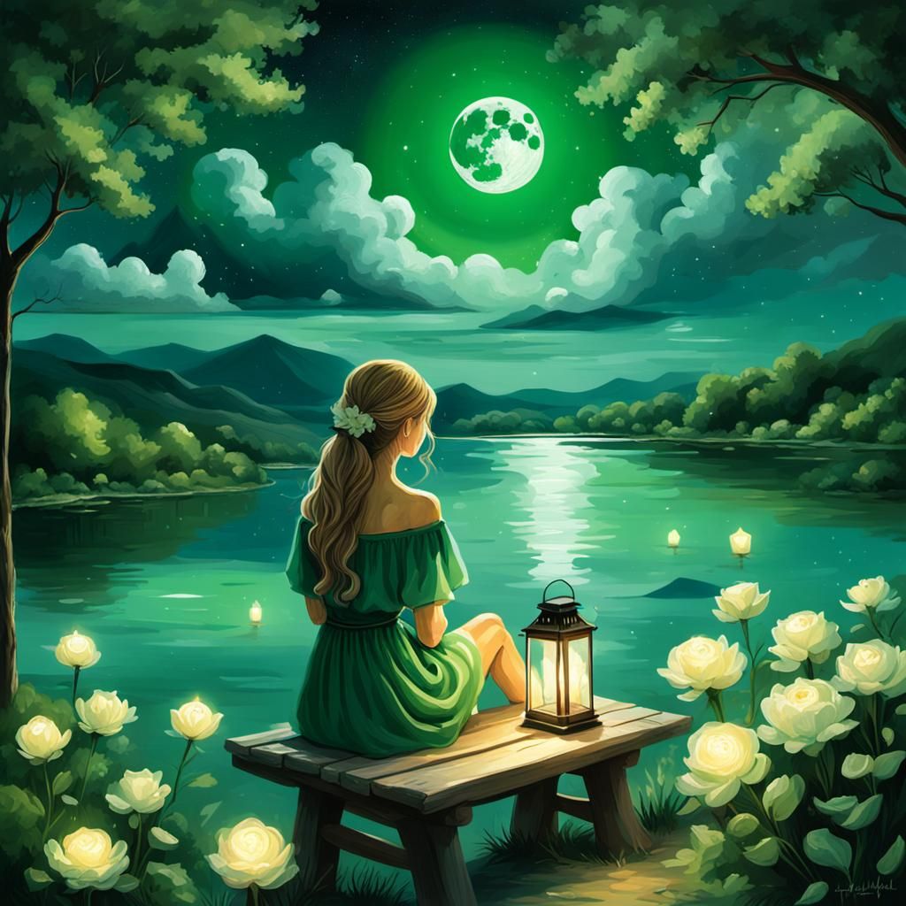 Woman Reading by Lake at Night in Green