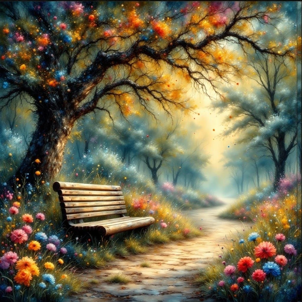 Whimsical Park Bench Scene in a Rackham-Inspired Art Style