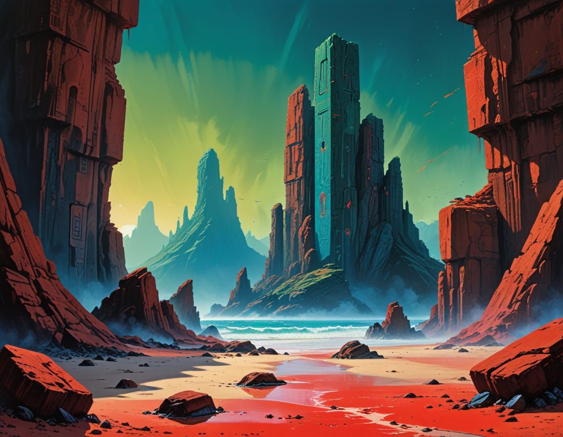 Desolate Planet Poster: Towering Monoliths in Gouache Style