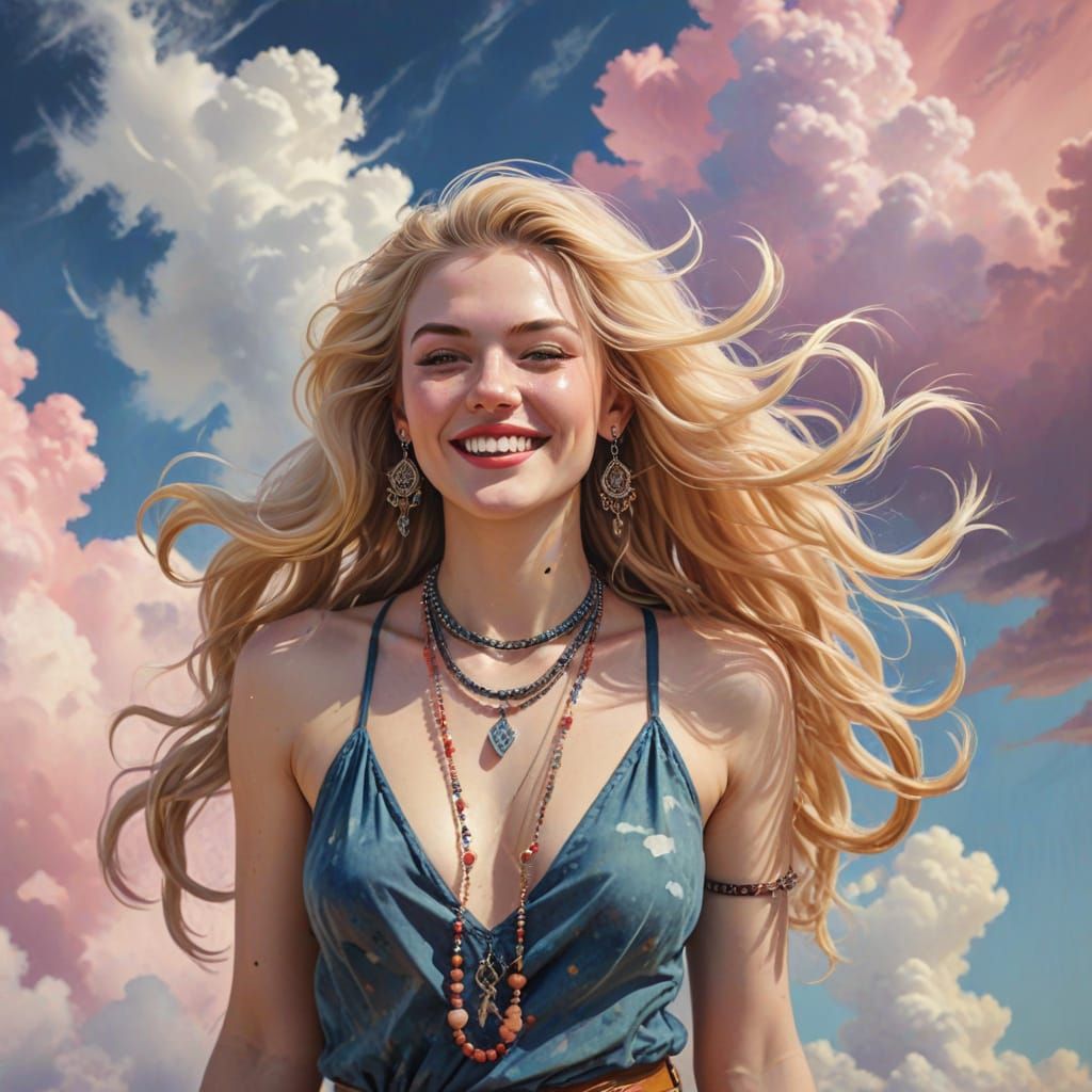 Joyful Woman in Pastel Clouds: Gouache Impressionist Pinup