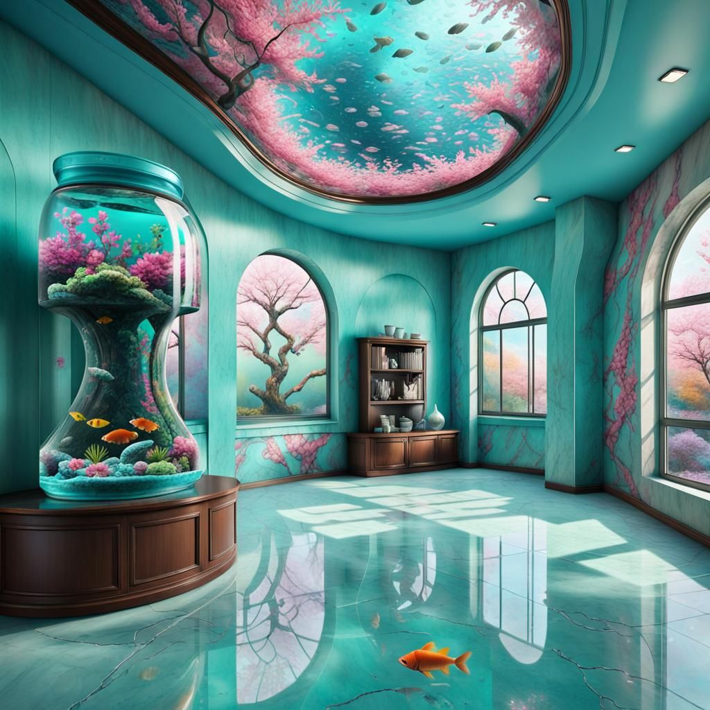 Futuristic Lounge Room with Aquarium in Hyperrealism