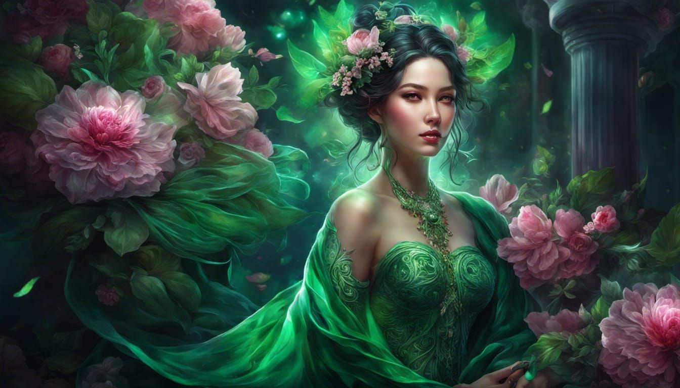 Enchanting Green Spirit with Flowers, Digital Art