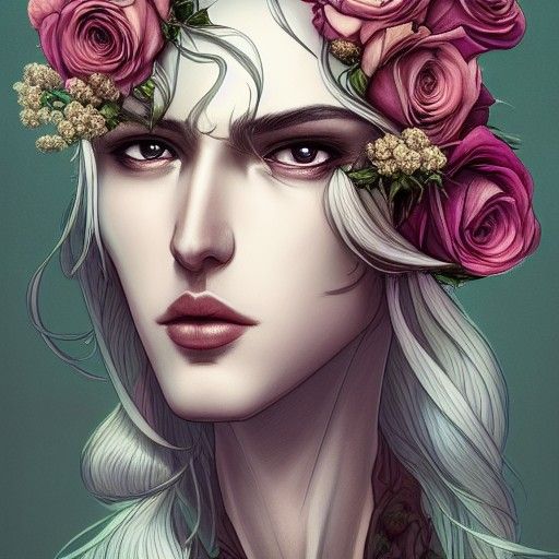 Androgynous God Portrait with Roses, Maximalist Art