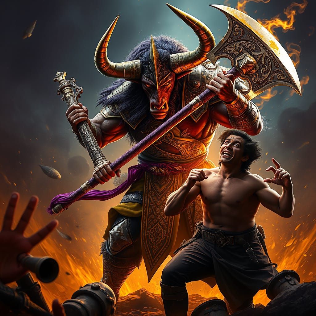 Minotaur Strikes Frightened Man in Baroque Style