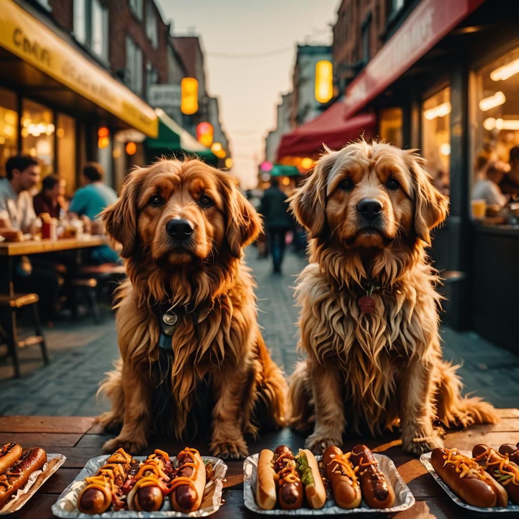Shaggy Dogs Eyeing Hotdogs: A Cinematic Still