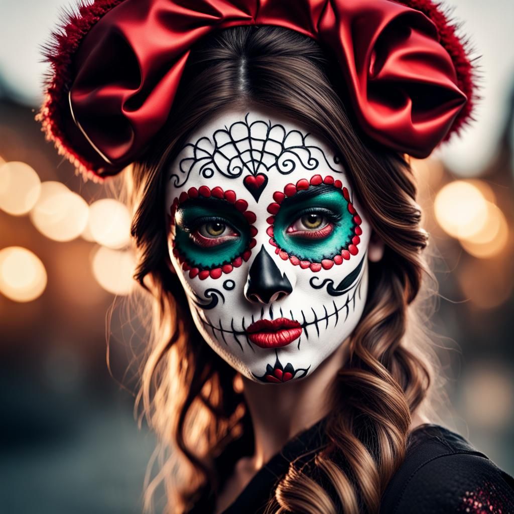 Sugar Skull Woman with Santa Hat, Hyperrealistic