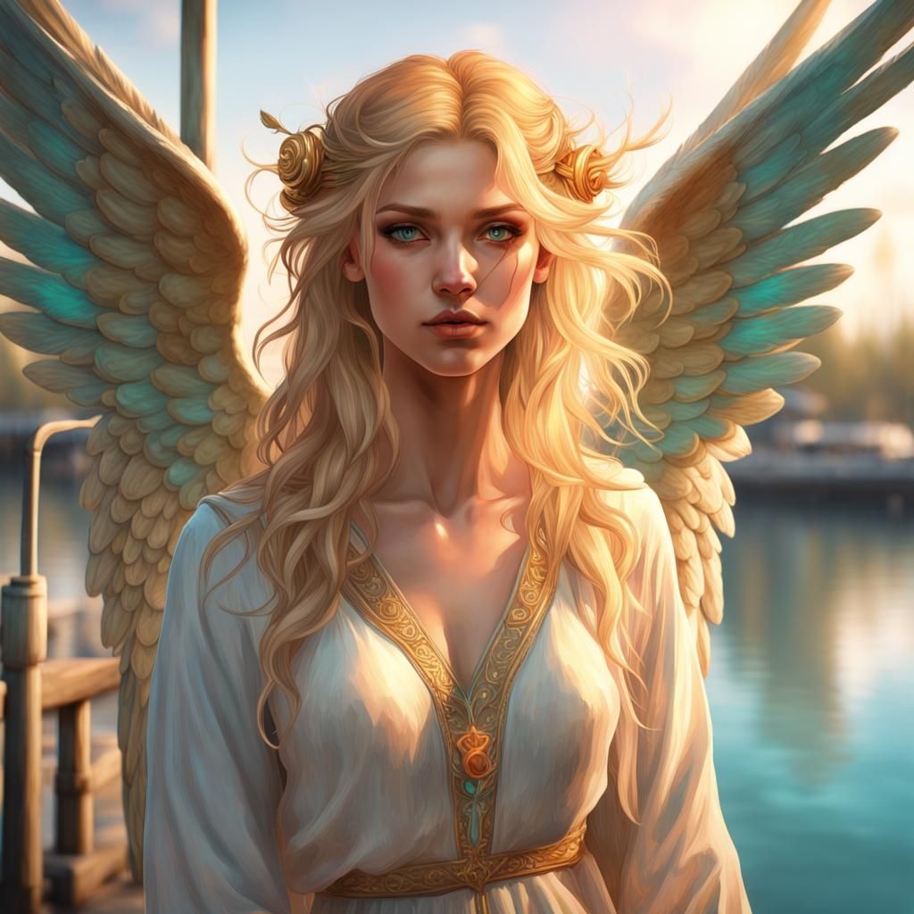 Watercolor Angel on Dock, Art Nouveau Style