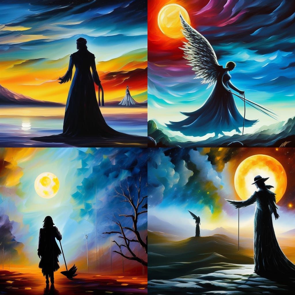 Angel Silhouette Against Moon in Acrylic Impasto