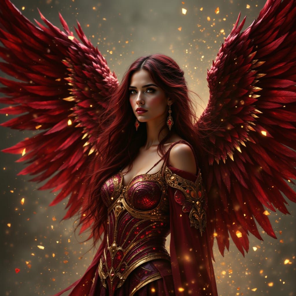 Angelic Warrior in Antique Gold Armor with Crimson Wings