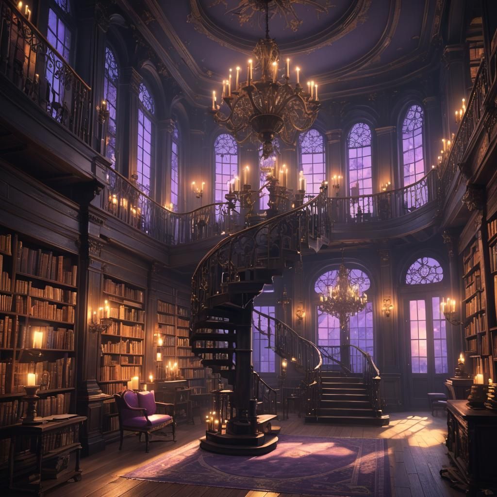 A big old dark library lit with candles, with a purple sunset