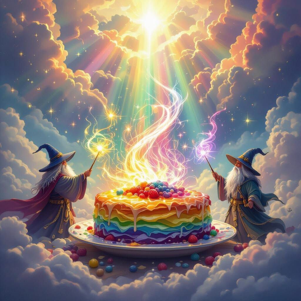 Magical Rainbow Food Display with Divine Light