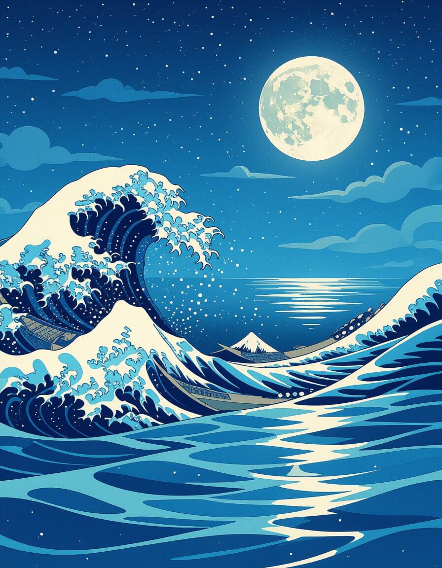 Moonlit Ocean Waves in Vintage Anime Style