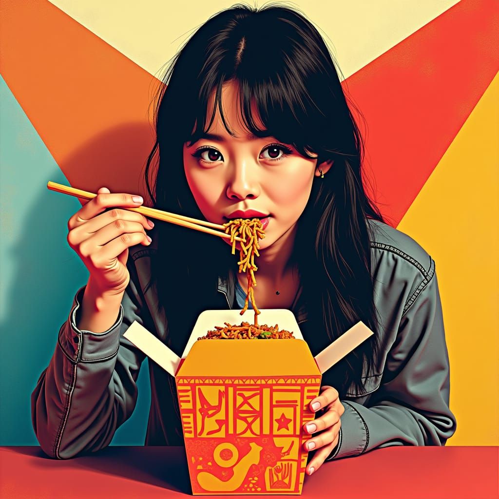 Stylish Person Eats Chinese Food, Pop Art Style