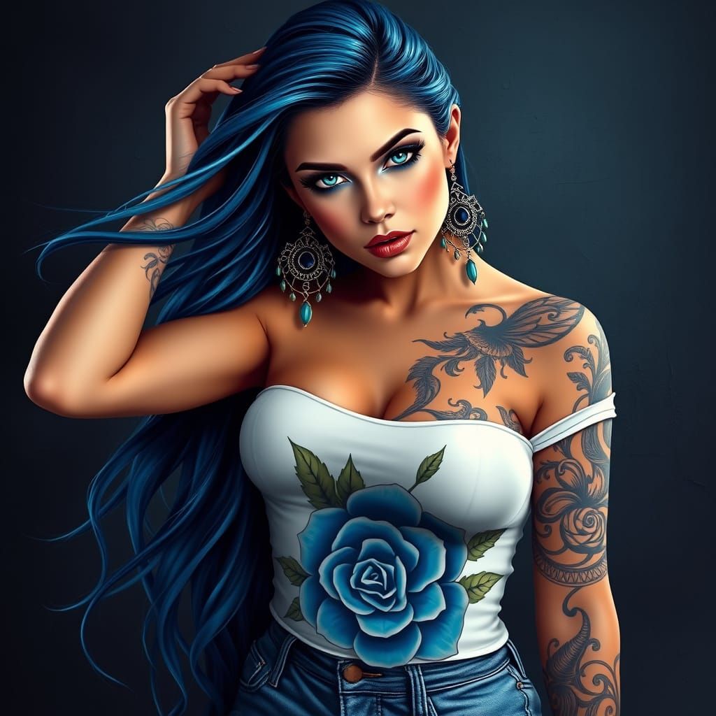 A striking image, a woman, long, flowing hair, featuring blu...