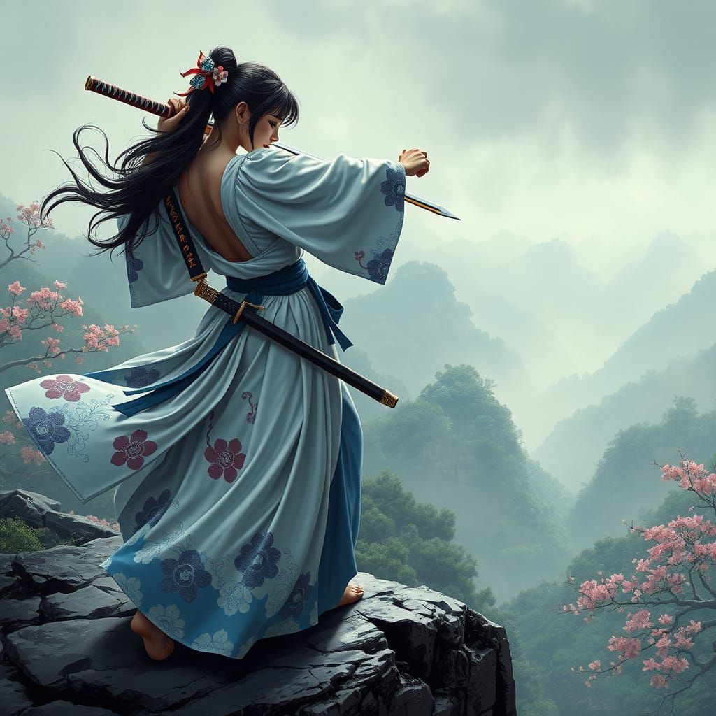 Heroic Sword Maiden in Vibrant Japanese Landscape