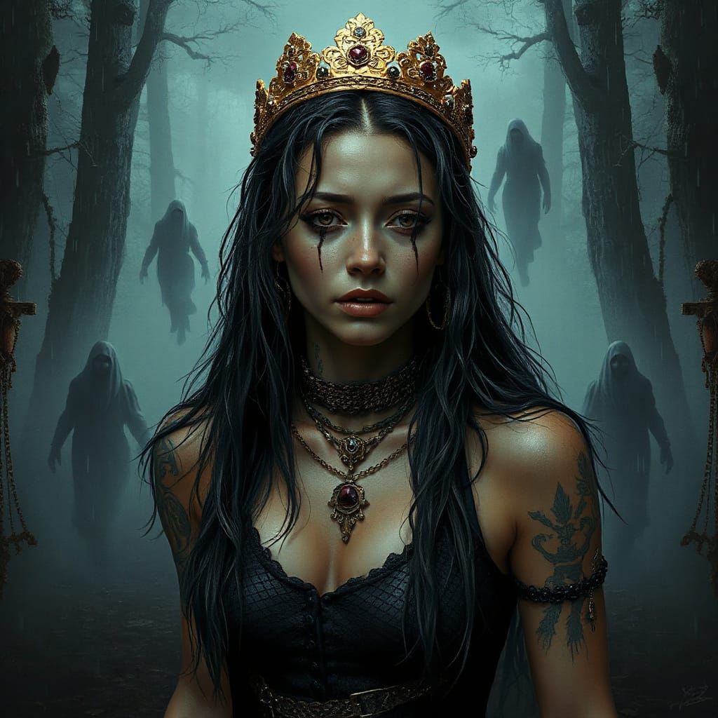 Mournful Woman in a Dark, Rainy Forest