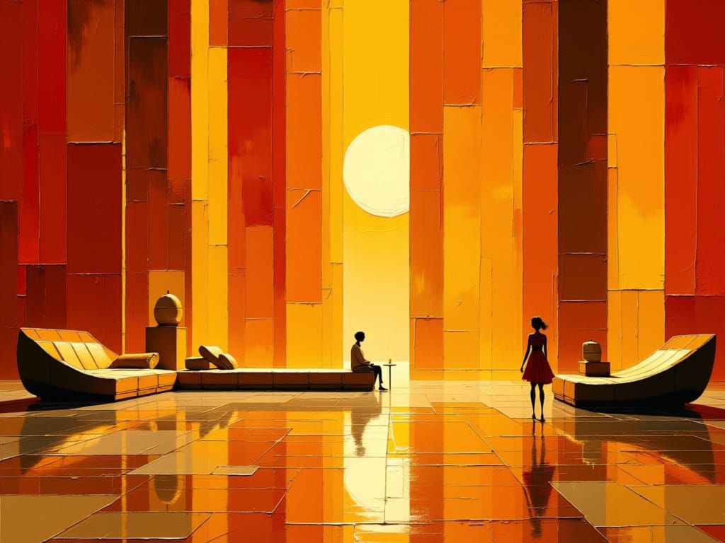 Retrofuturism Hotel Lobby in Bold Orange and Amber