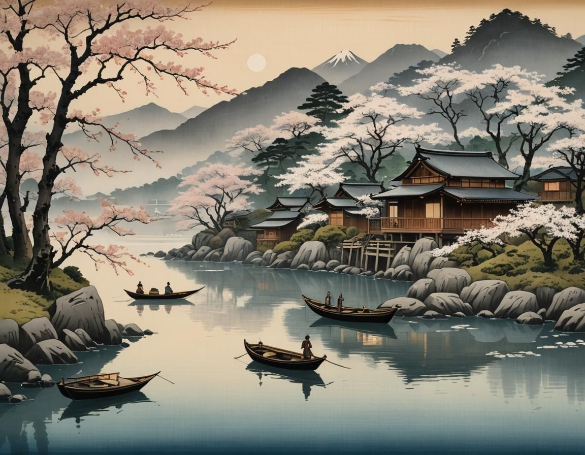 Japanese Fishing Village in Ukiyo-e Style