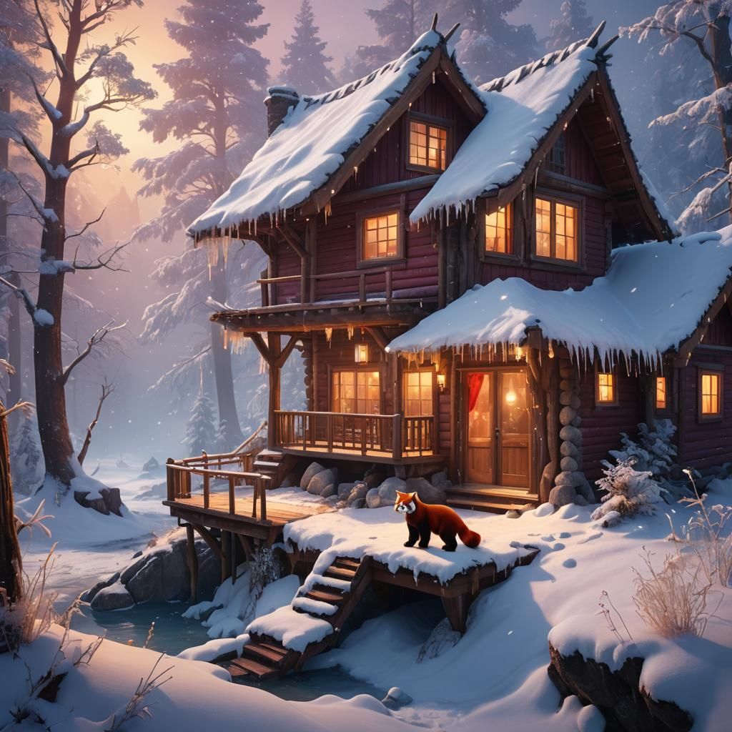 Red Panda in Winter Wonderland: Fantasy Matte Painting