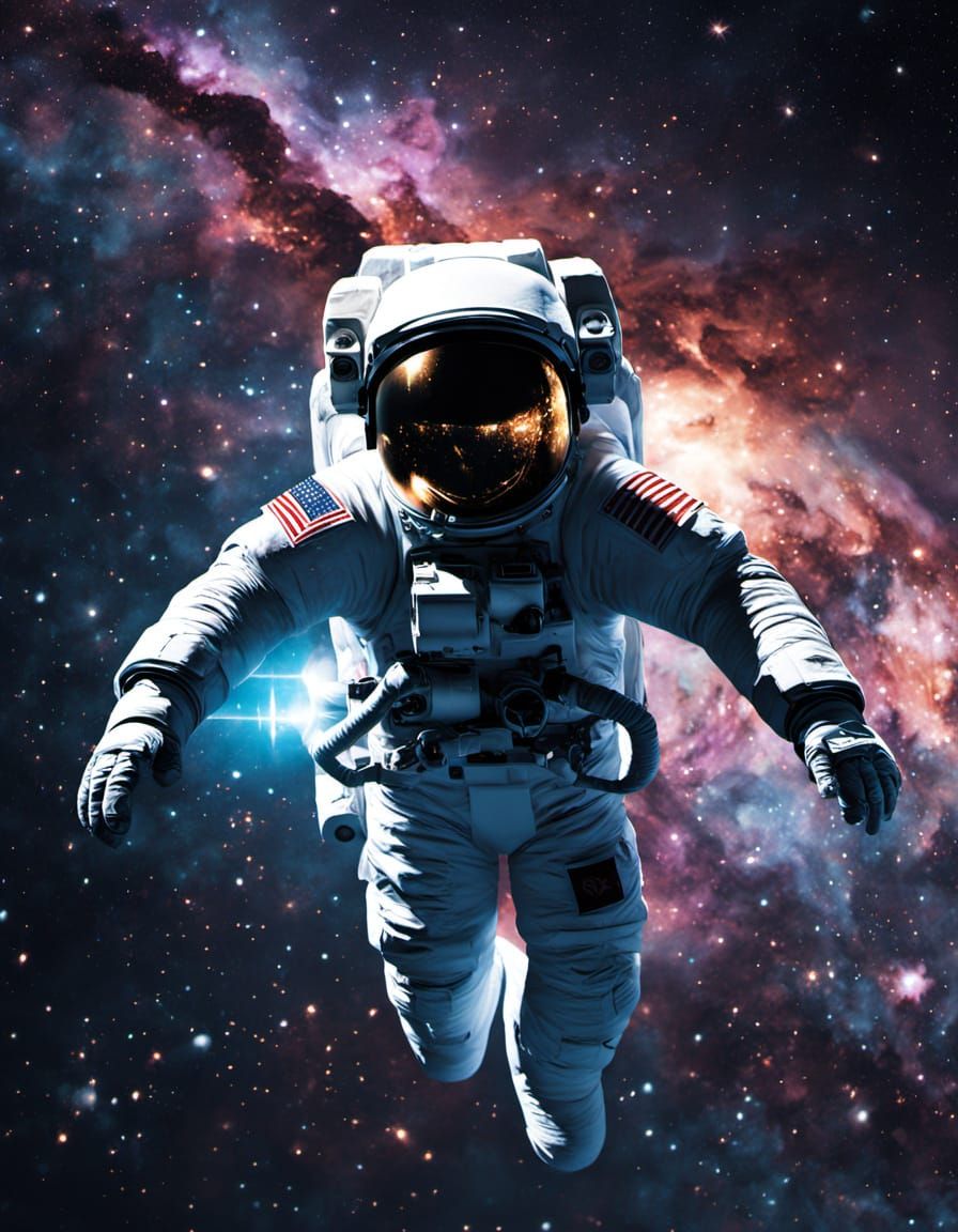 Astronaut Reaching for Galaxy in Swirling Nebula