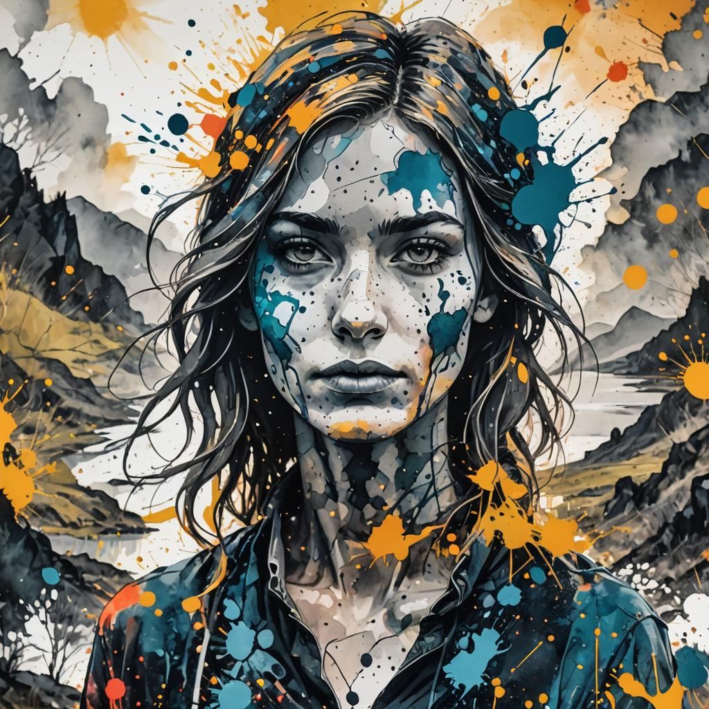 Ink Splatter Portrait: Woman in Scandinavian Sunrise