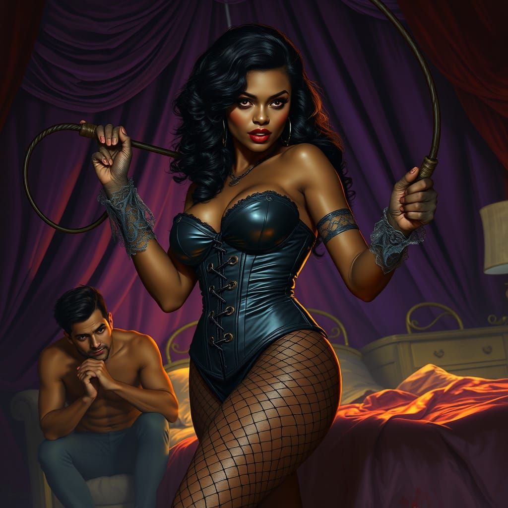 Dominatrix in Goth Bedroom: Dark Fantasy Art Nouveau