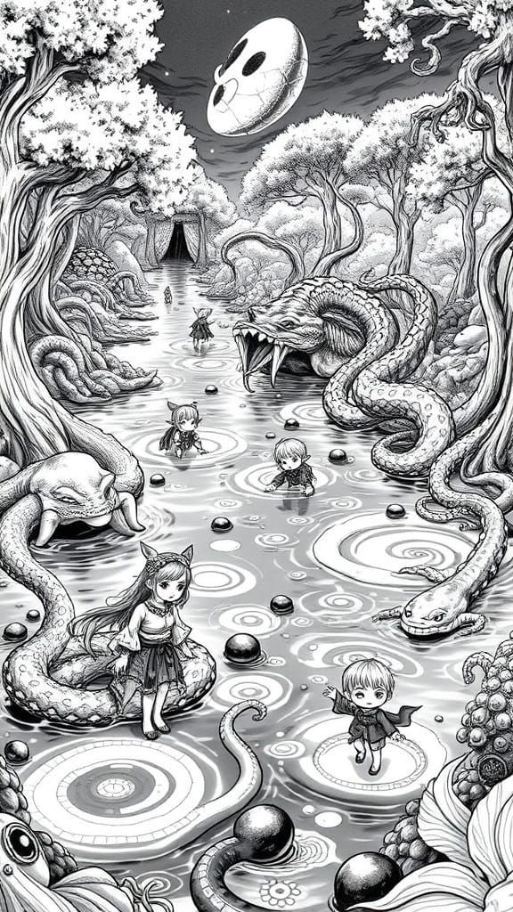 Surreal Monochrome Manga Scene with Serpents, Krakens, and H...