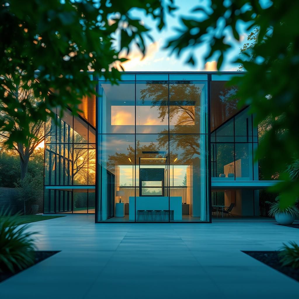 Majestic Modern Glass House Reflecting Sky's Hues