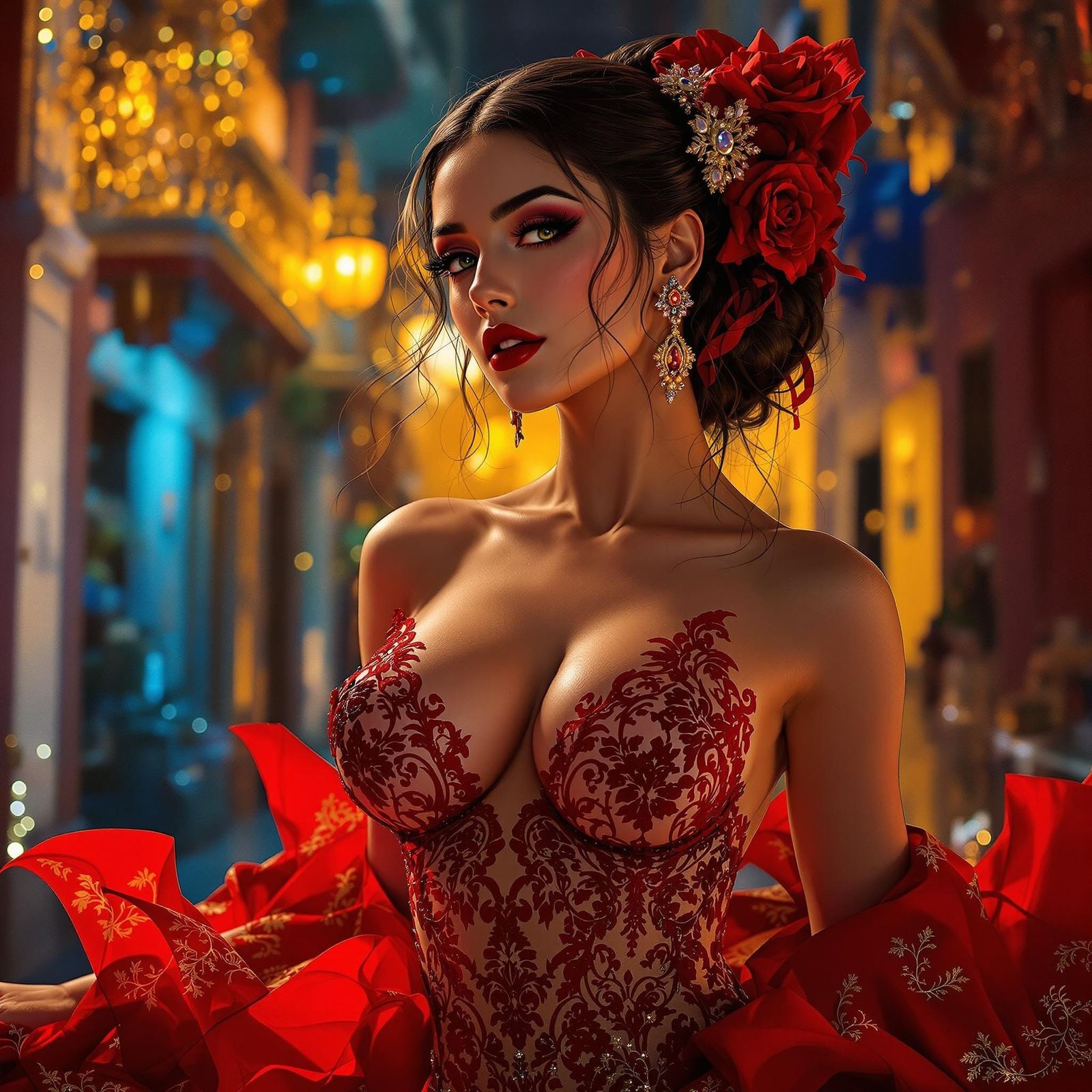 Sultry Flamenco Dancer in Red Lace Bra, Barcelona